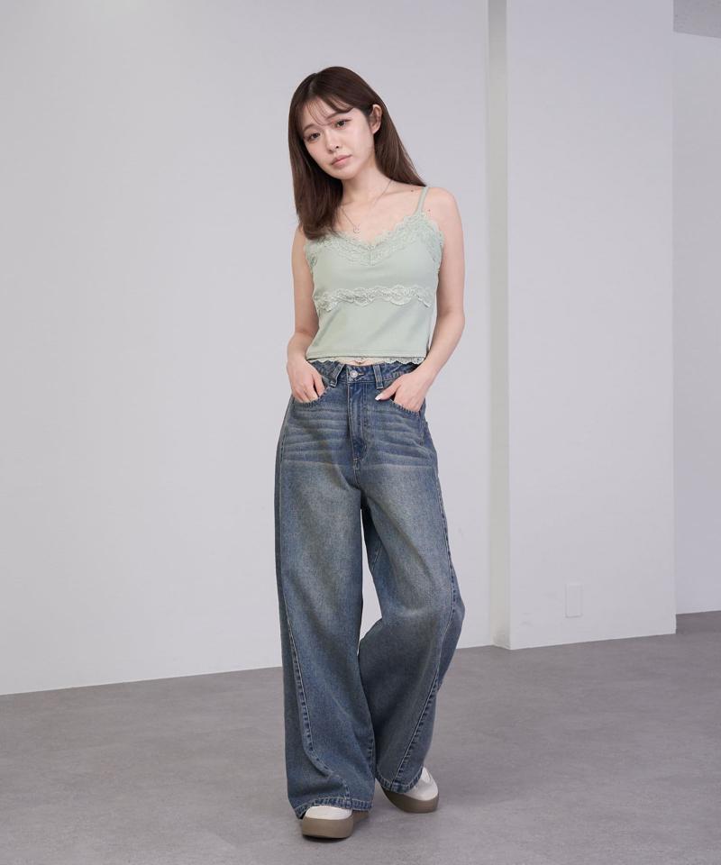 【-3kg見え/ウエスト調整可】サイド切替ワイドデニムパンツ