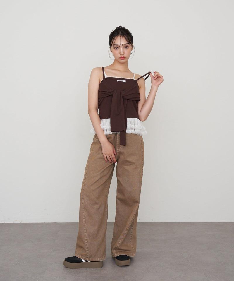 【-3kg見え/ウエスト調整可】サイド切替ワイドデニムパンツ