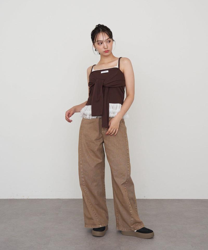 【-3kg見え/ウエスト調整可】サイド切替ワイドデニムパンツ