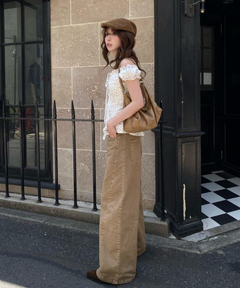 【-3kg見え/ウエスト調整可】サイド切替ワイドデニムパンツ