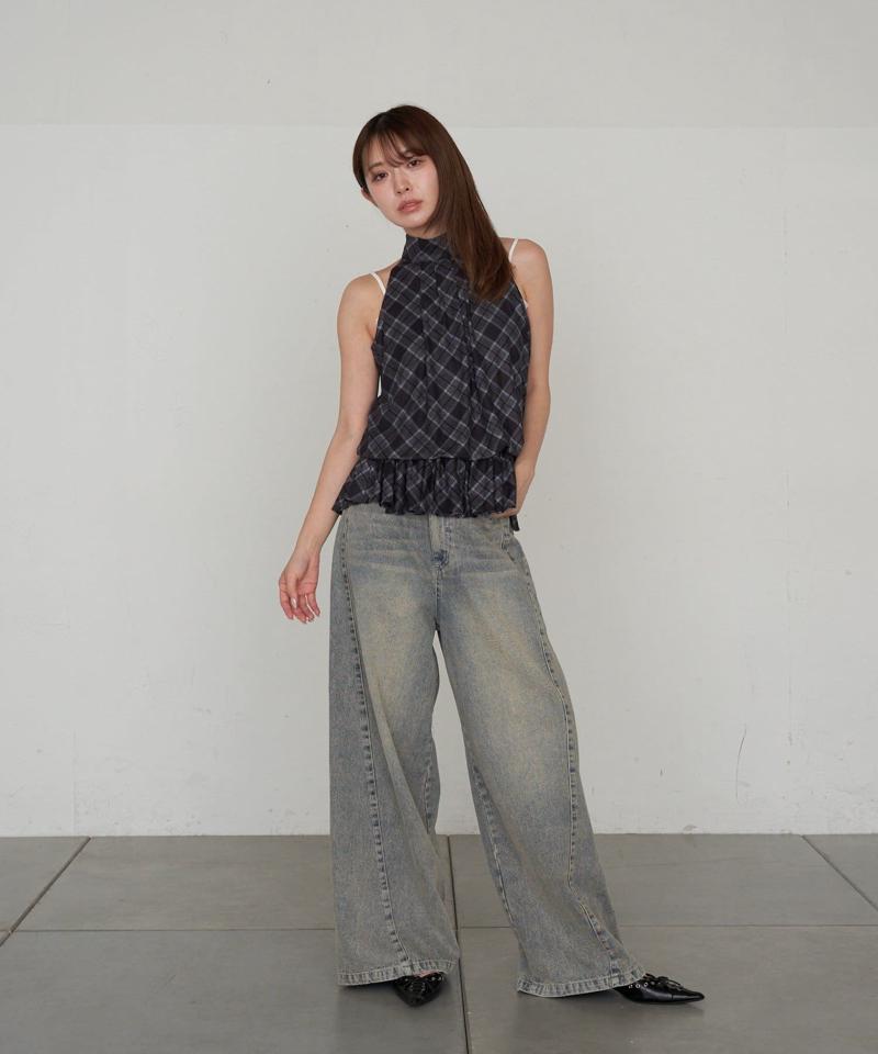 【-3kg見え/ウエスト調整可】サイド切替ワイドデニムパンツ