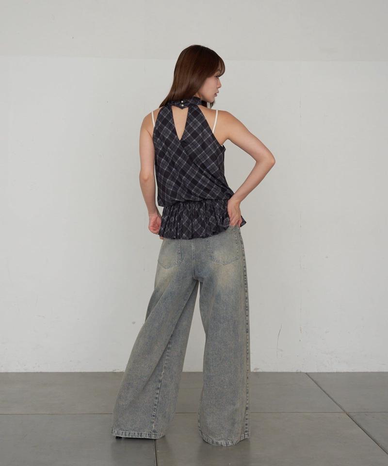 【-3kg見え/ウエスト調整可】サイド切替ワイドデニムパンツ