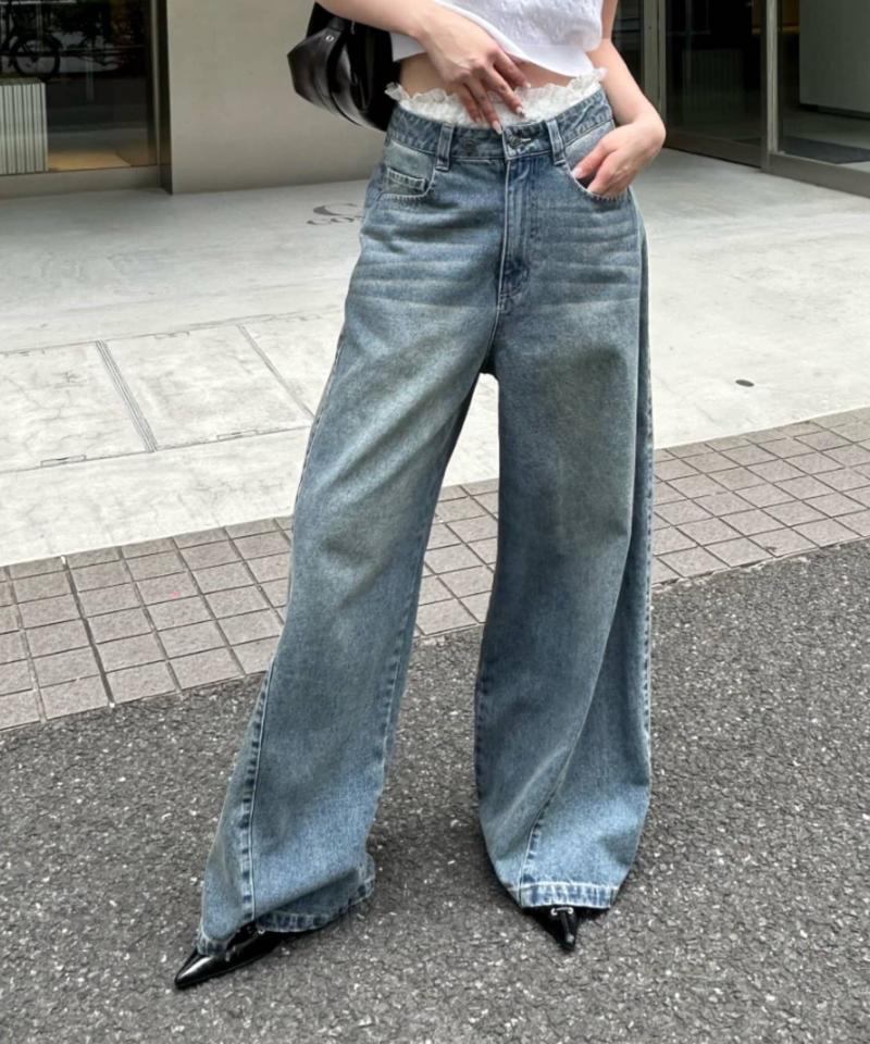 【-3kg見え/ウエスト調整可】サイド切替ワイドデニムパンツ