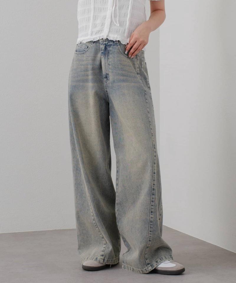 【-3kg見え/ウエスト調整可】サイド切替ワイドデニムパンツ