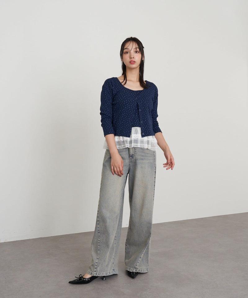 【-3kg見え/ウエスト調整可】サイド切替ワイドデニムパンツ