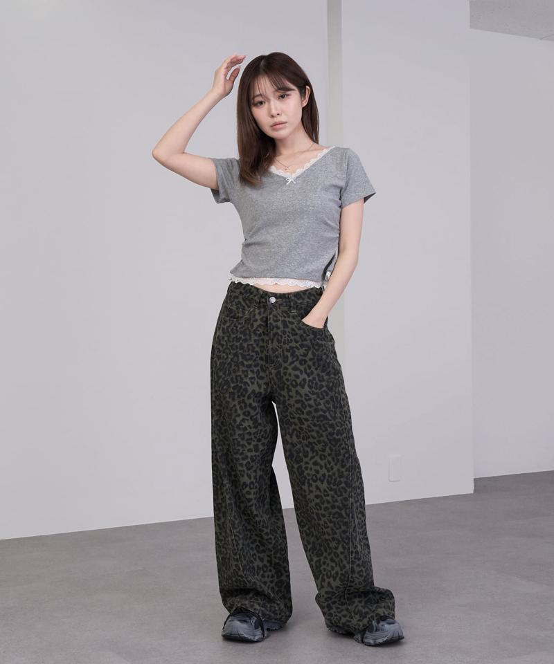 【-3kg見え/ウエスト調整可】サイド切替ワイドデニムパンツ