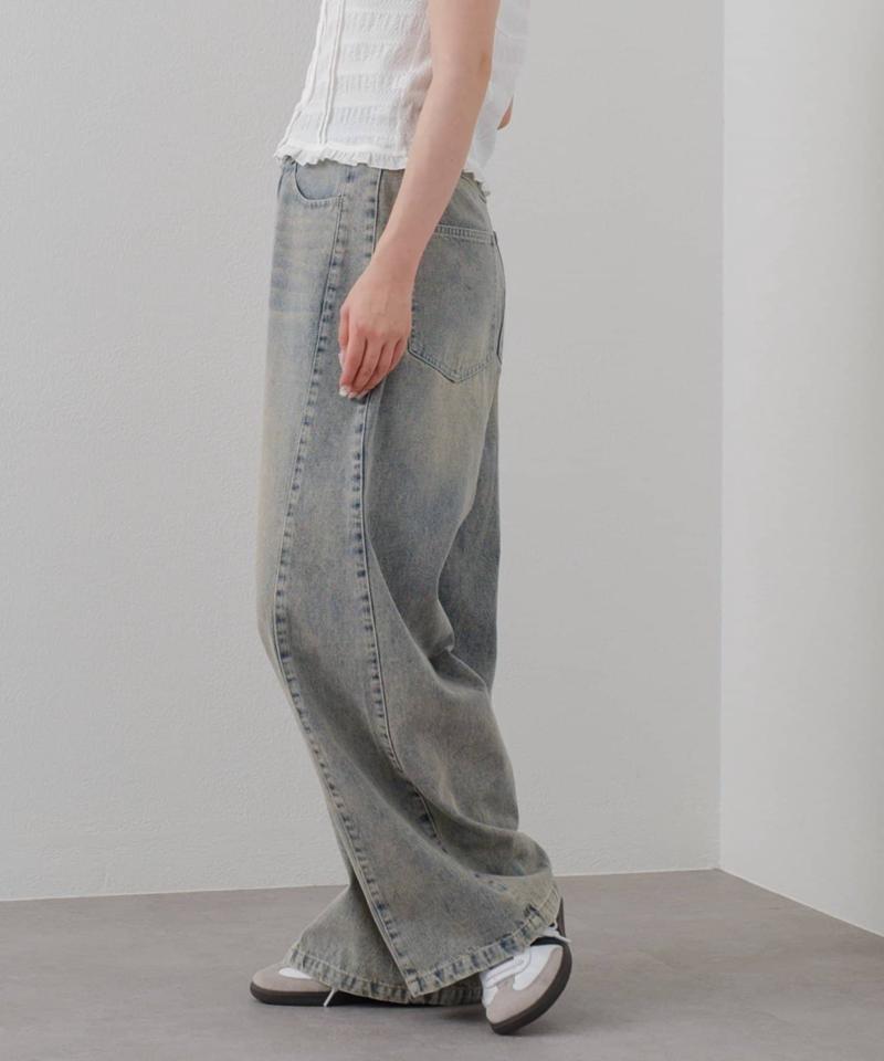 【-3kg見え/ウエスト調整可】サイド切替ワイドデニムパンツ