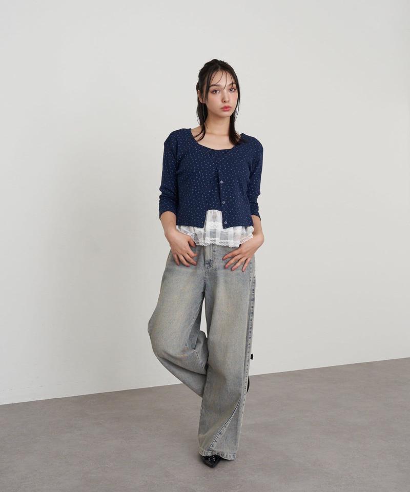 【-3kg見え/ウエスト調整可】サイド切替ワイドデニムパンツ