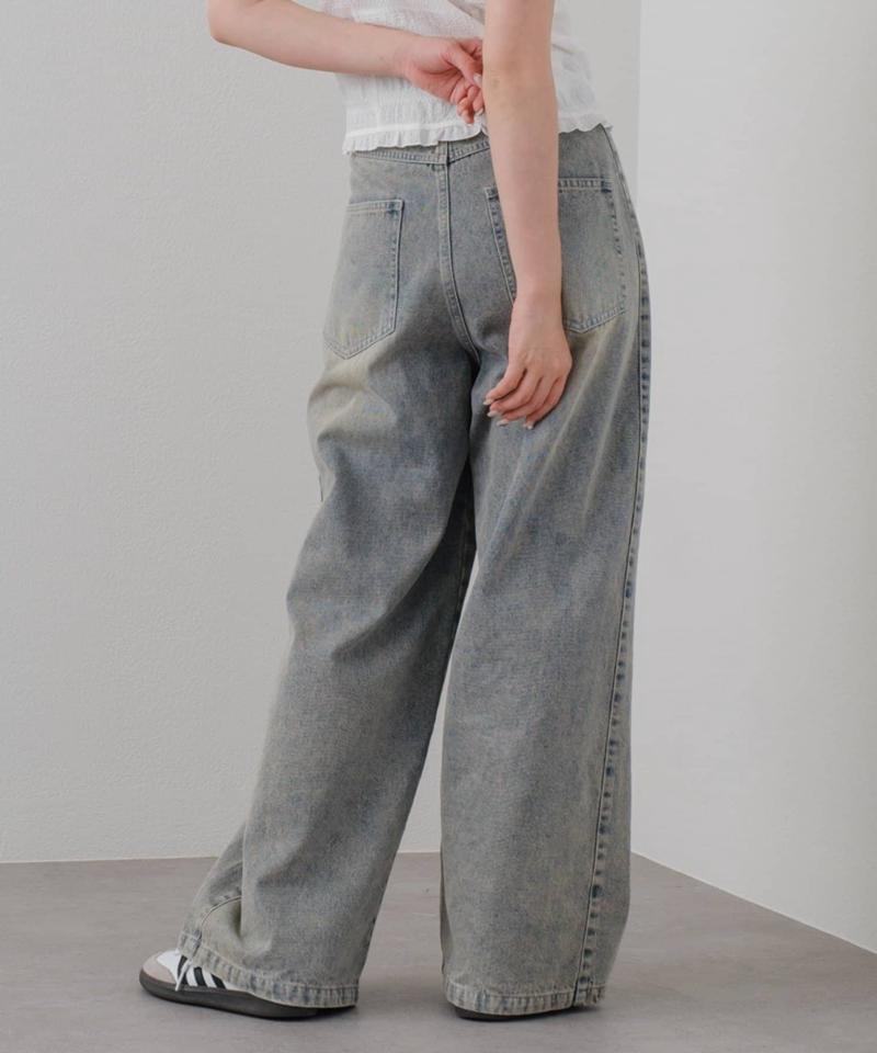 【-3kg見え/ウエスト調整可】サイド切替ワイドデニムパンツ