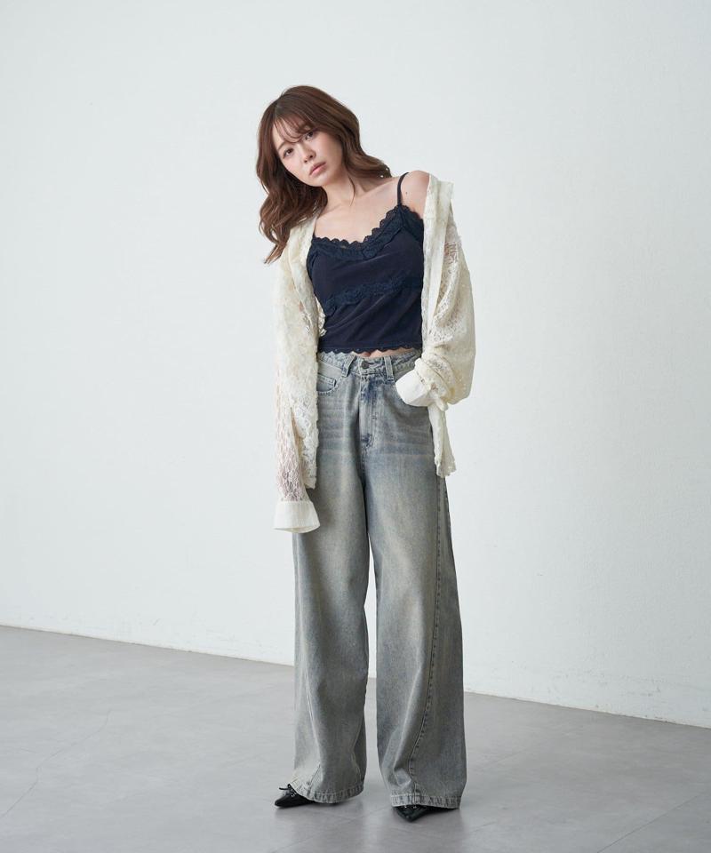 【-3kg見え/ウエスト調整可】サイド切替ワイドデニムパンツ