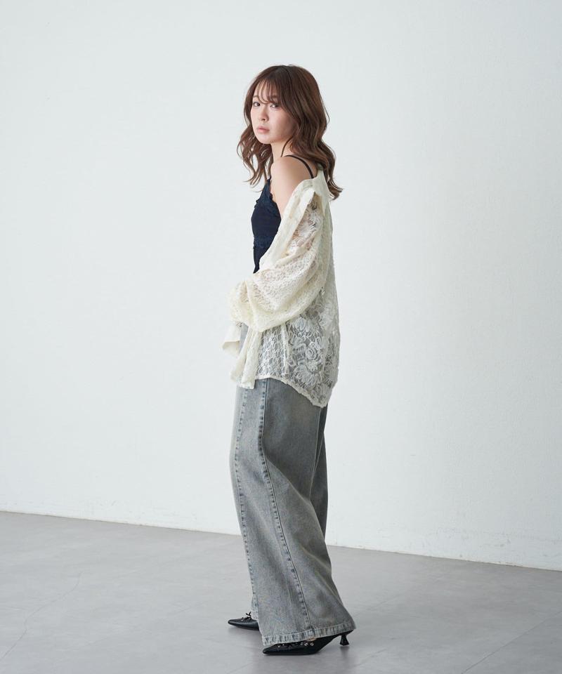 【-3kg見え/ウエスト調整可】サイド切替ワイドデニムパンツ