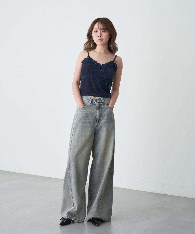 【-3kg見え/ウエスト調整可】サイド切替ワイドデニムパンツ