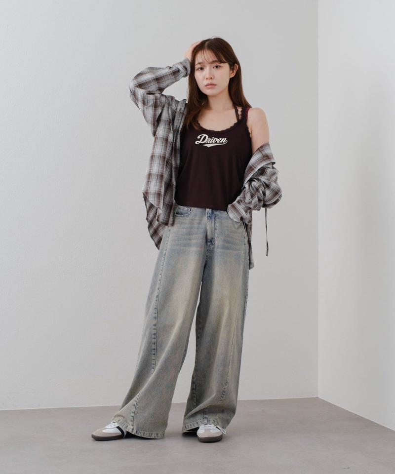 【-3kg見え/ウエスト調整可】サイド切替ワイドデニムパンツ