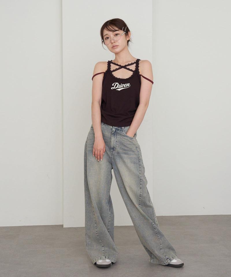 【-3kg見え/ウエスト調整可】サイド切替ワイドデニムパンツ