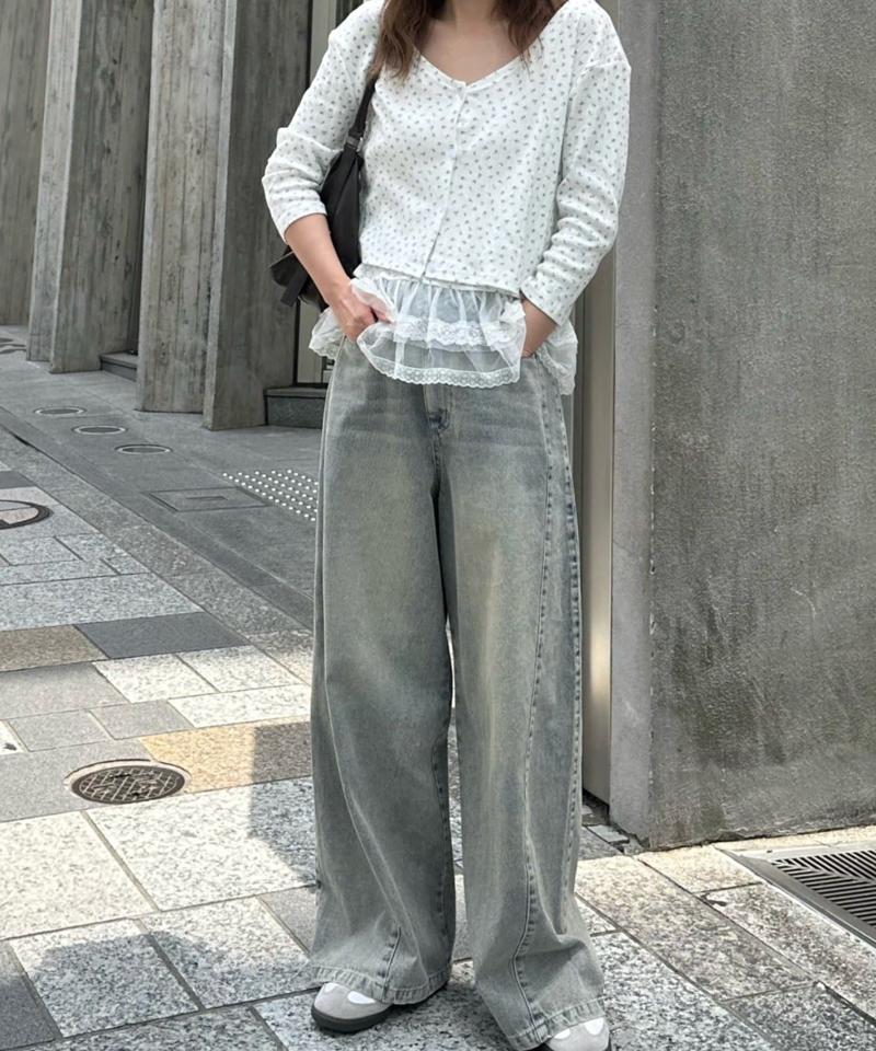 【-3kg見え/ウエスト調整可】サイド切替ワイドデニムパンツ