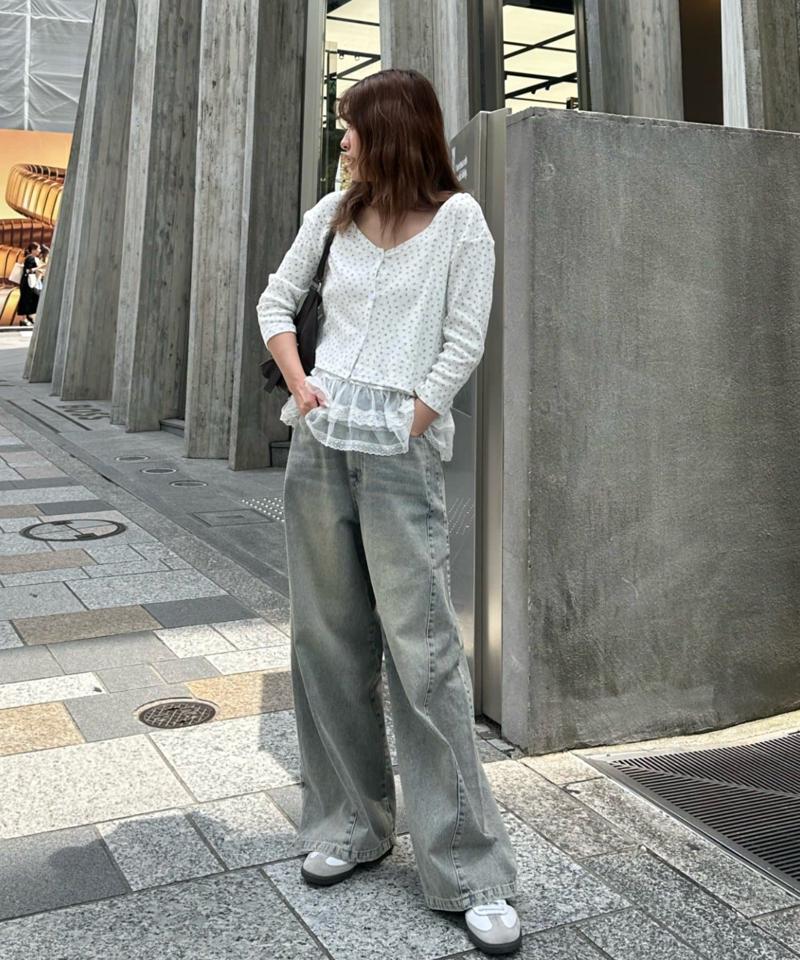 【-3kg見え/ウエスト調整可】サイド切替ワイドデニムパンツ