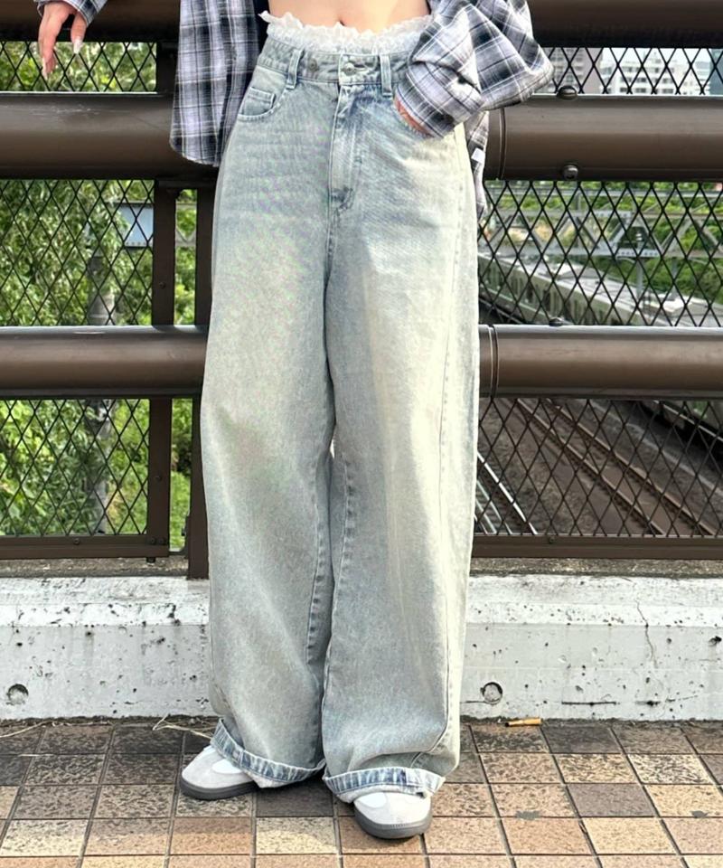 【-3kg見え/ウエスト調整可】サイド切替ワイドデニムパンツ