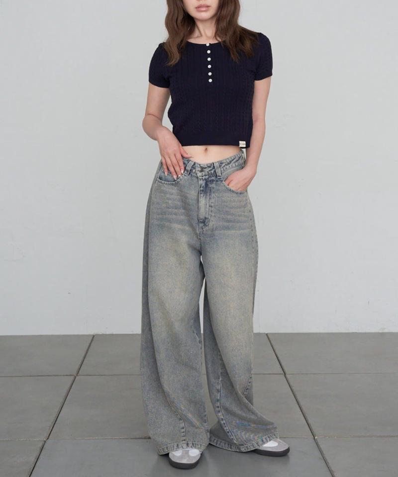 【-3kg見え/ウエスト調整可】サイド切替ワイドデニムパンツ