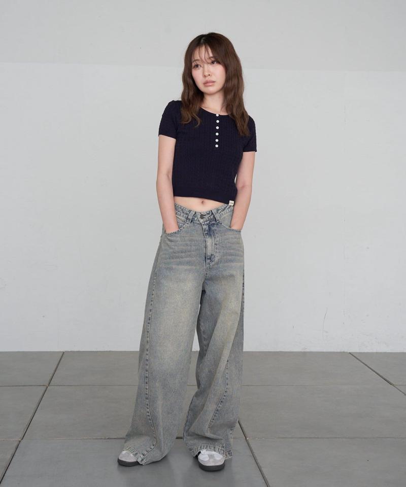 【-3kg見え/ウエスト調整可】サイド切替ワイドデニムパンツ