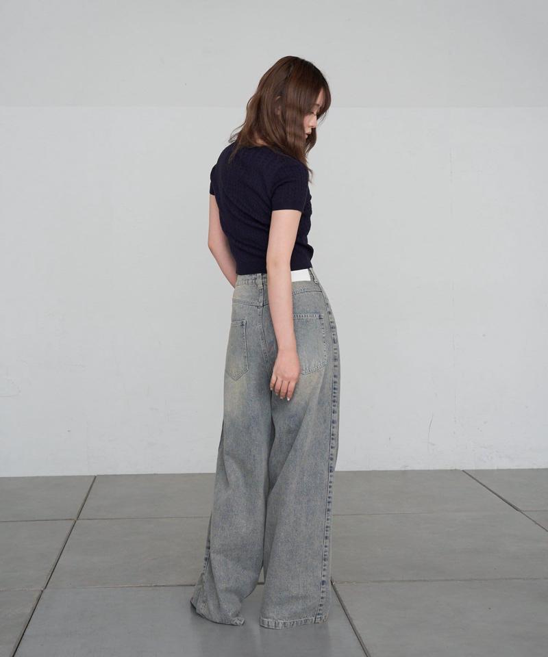 【-3kg見え/ウエスト調整可】サイド切替ワイドデニムパンツ