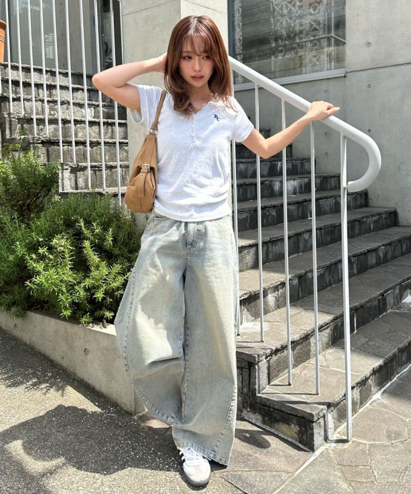 【-3kg見え/ウエスト調整可】サイド切替ワイドデニムパンツ