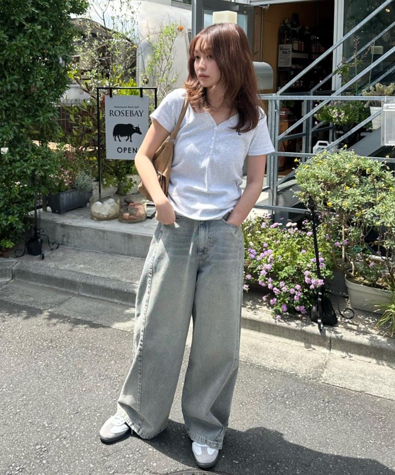 【-3kg見え/ウエスト調整可】サイド切替ワイドデニムパンツ