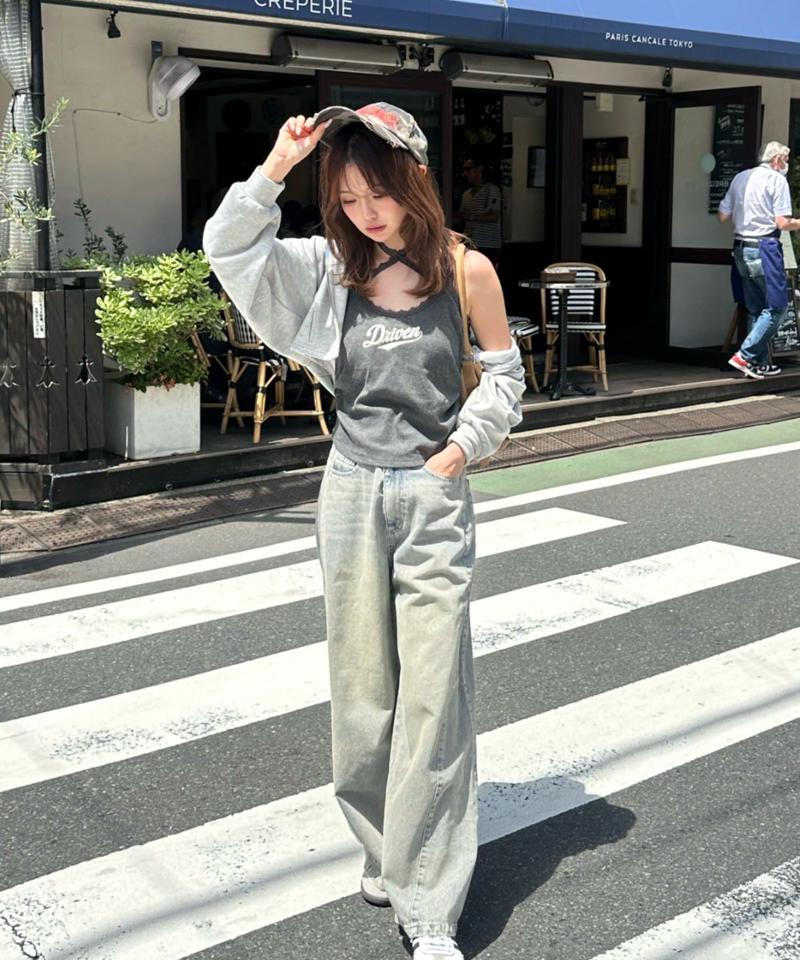 【-3kg見え/ウエスト調整可】サイド切替ワイドデニムパンツ