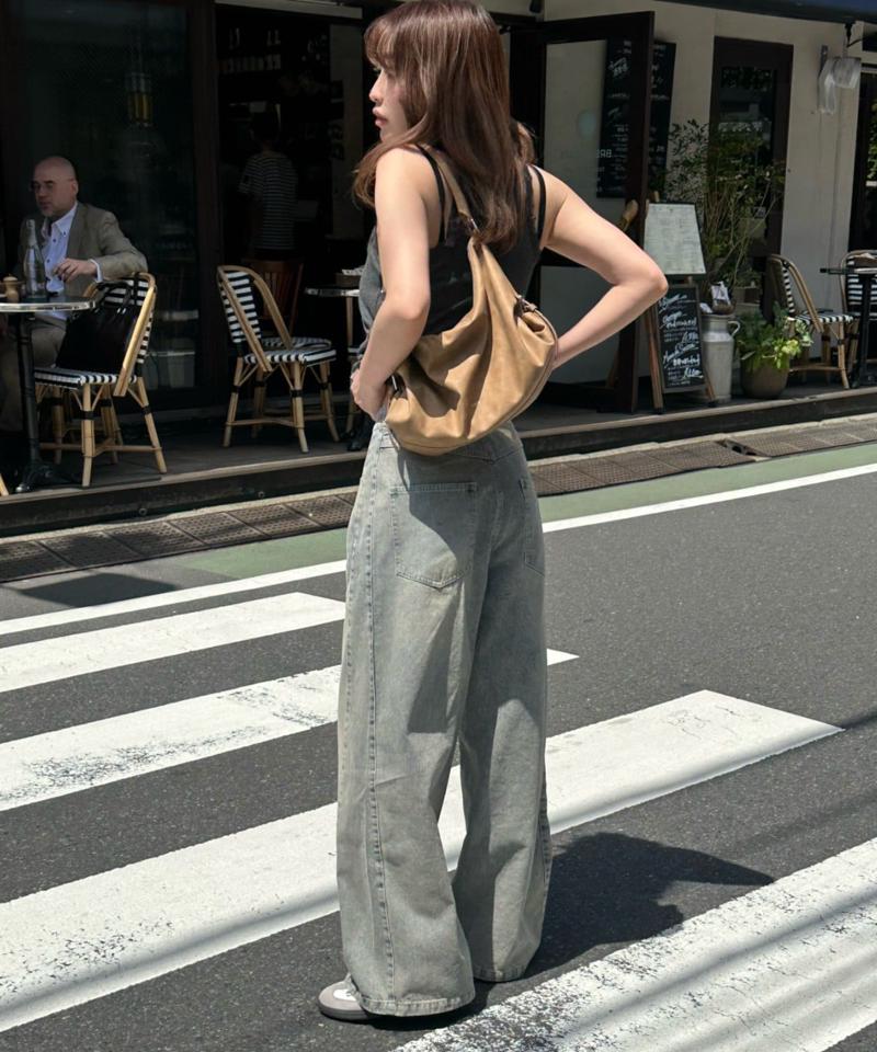 【-3kg見え/ウエスト調整可】サイド切替ワイドデニムパンツ