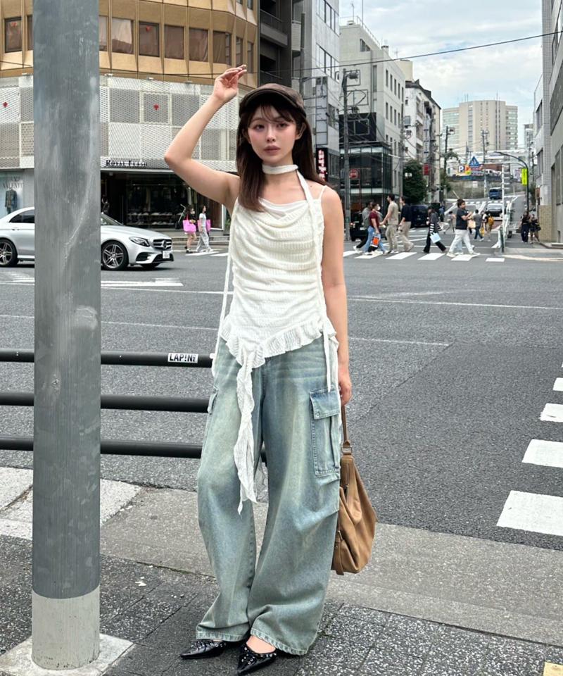 【ゆったり履き心地/ウエスト調整可】デニムカーゴパンツ