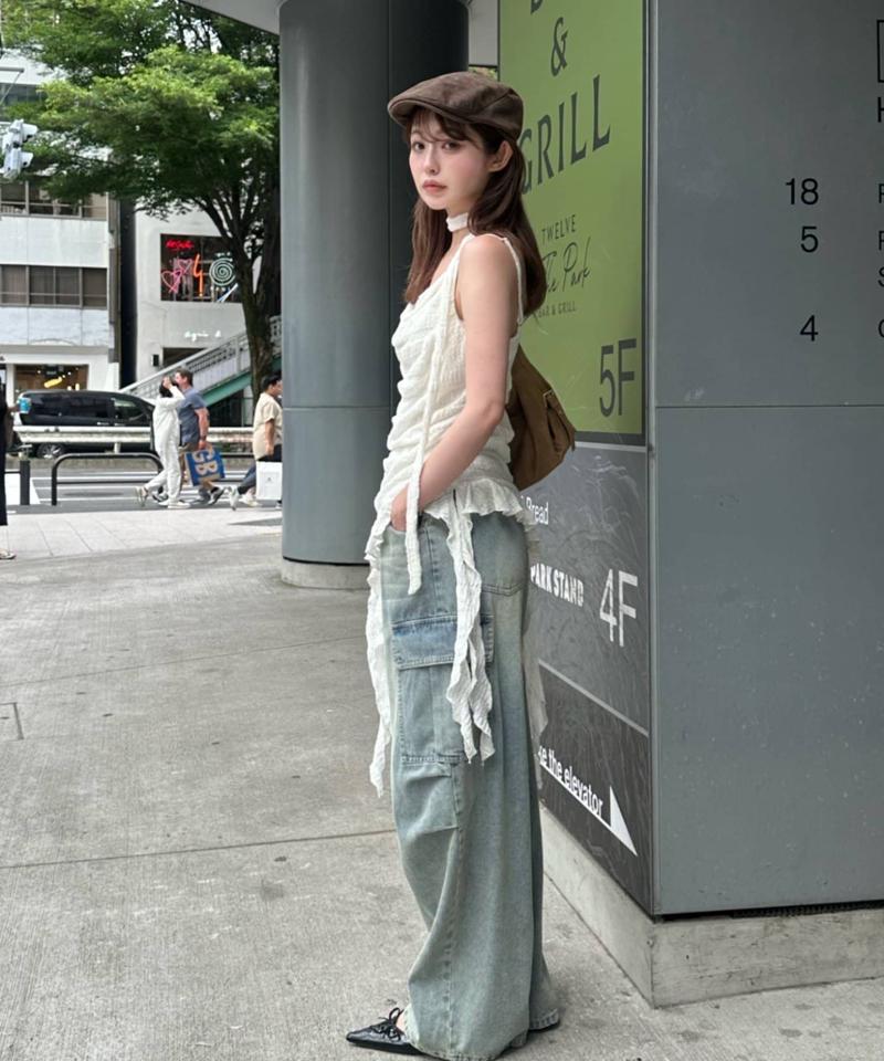 【ゆったり履き心地/ウエスト調整可】デニムカーゴパンツ