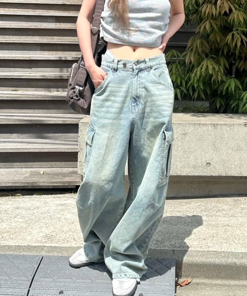 【ゆったり履き心地/ウエスト調整可】デニムカーゴパンツ