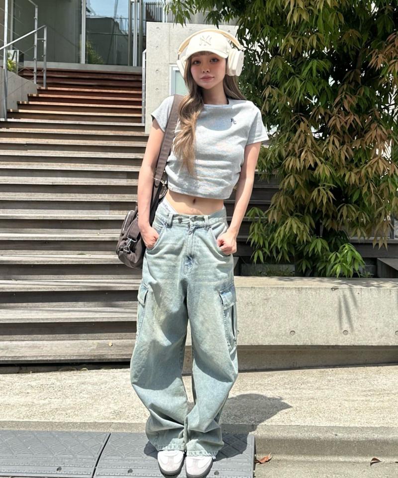 【ゆったり履き心地/ウエスト調整可】デニムカーゴパンツ
