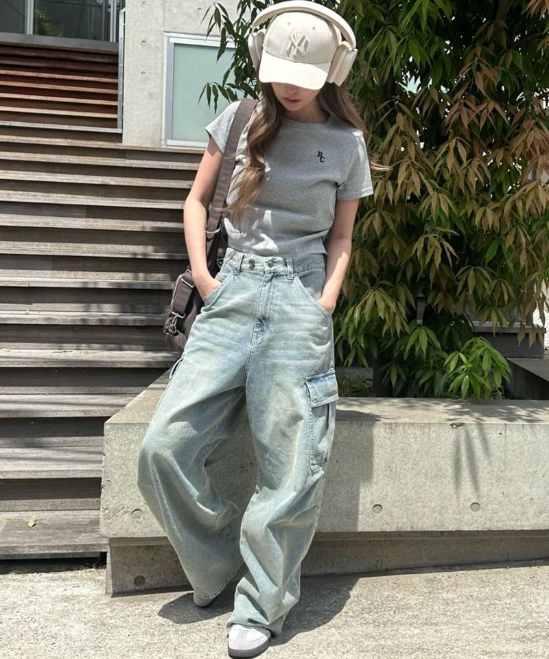 【ゆったり履き心地/ウエスト調整可】デニムカーゴパンツ
