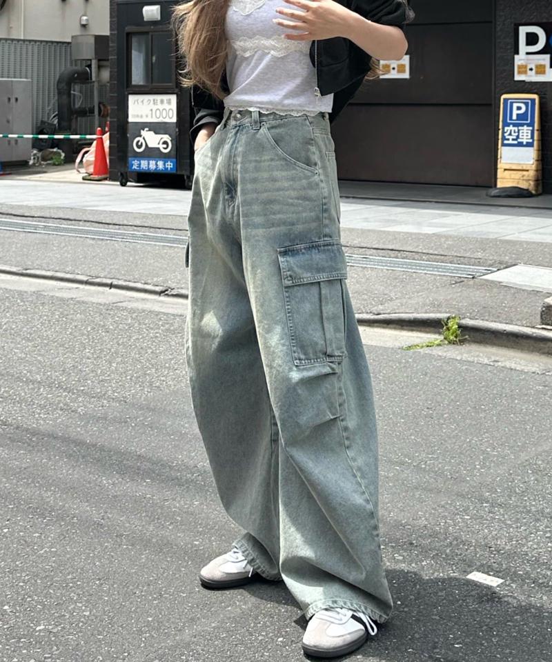 【ゆったり履き心地/ウエスト調整可】デニムカーゴパンツ