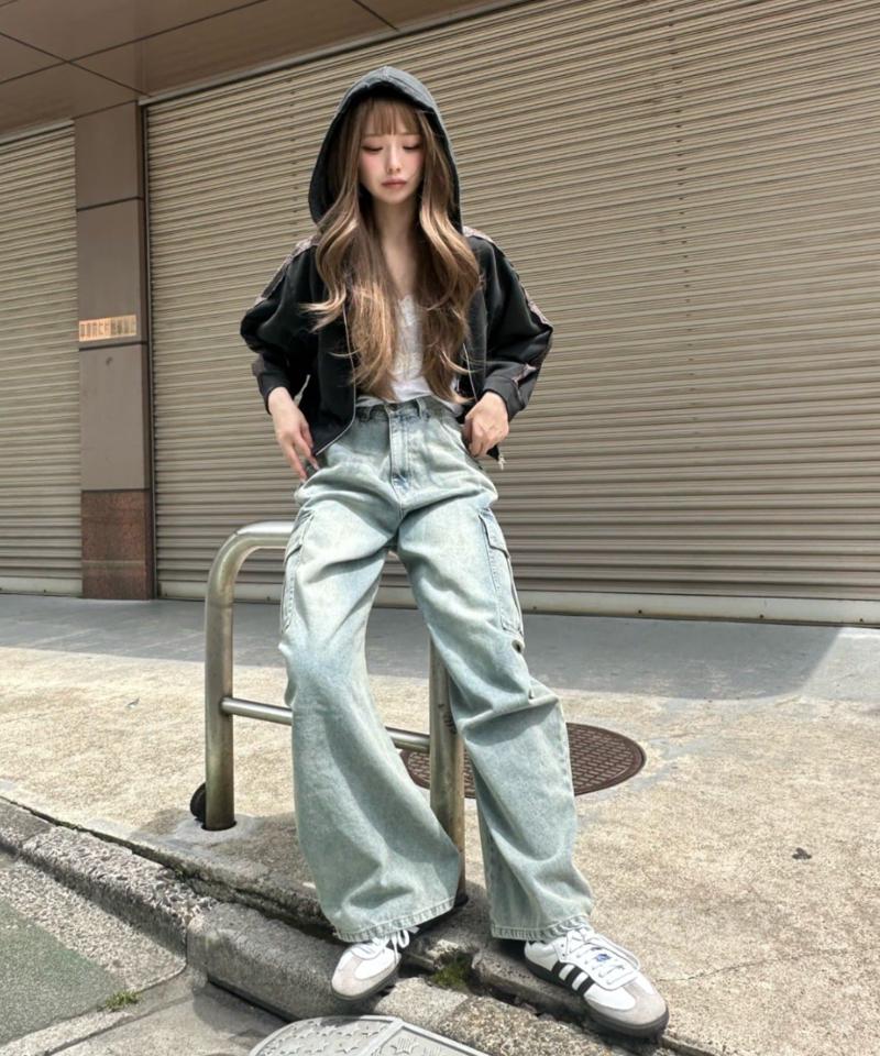 【ゆったり履き心地/ウエスト調整可】デニムカーゴパンツ