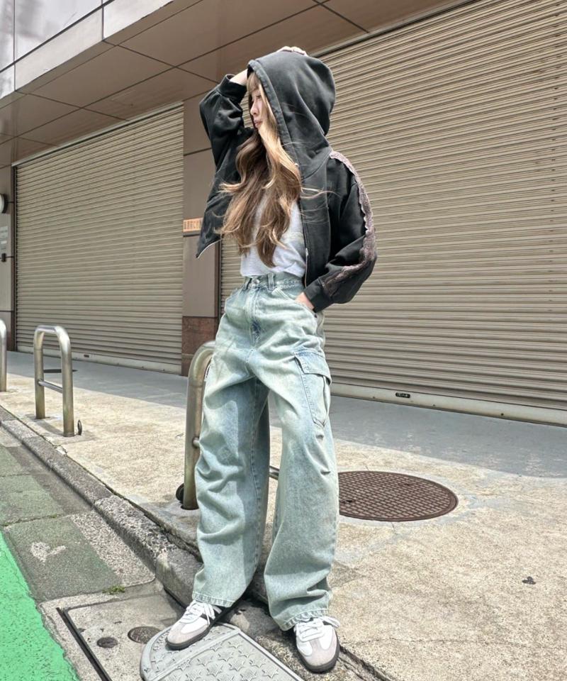 【ゆったり履き心地/ウエスト調整可】デニムカーゴパンツ
