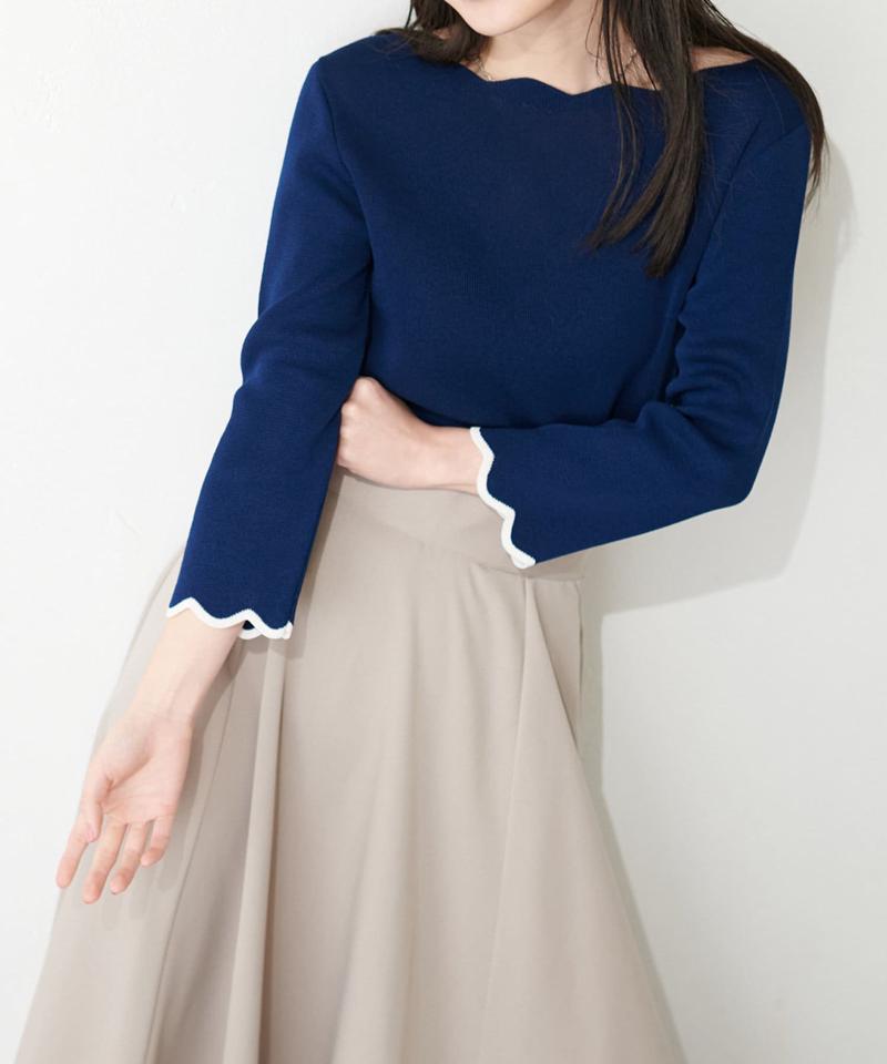 【natural couture】配色スカラップ強撚ニット（7部袖）