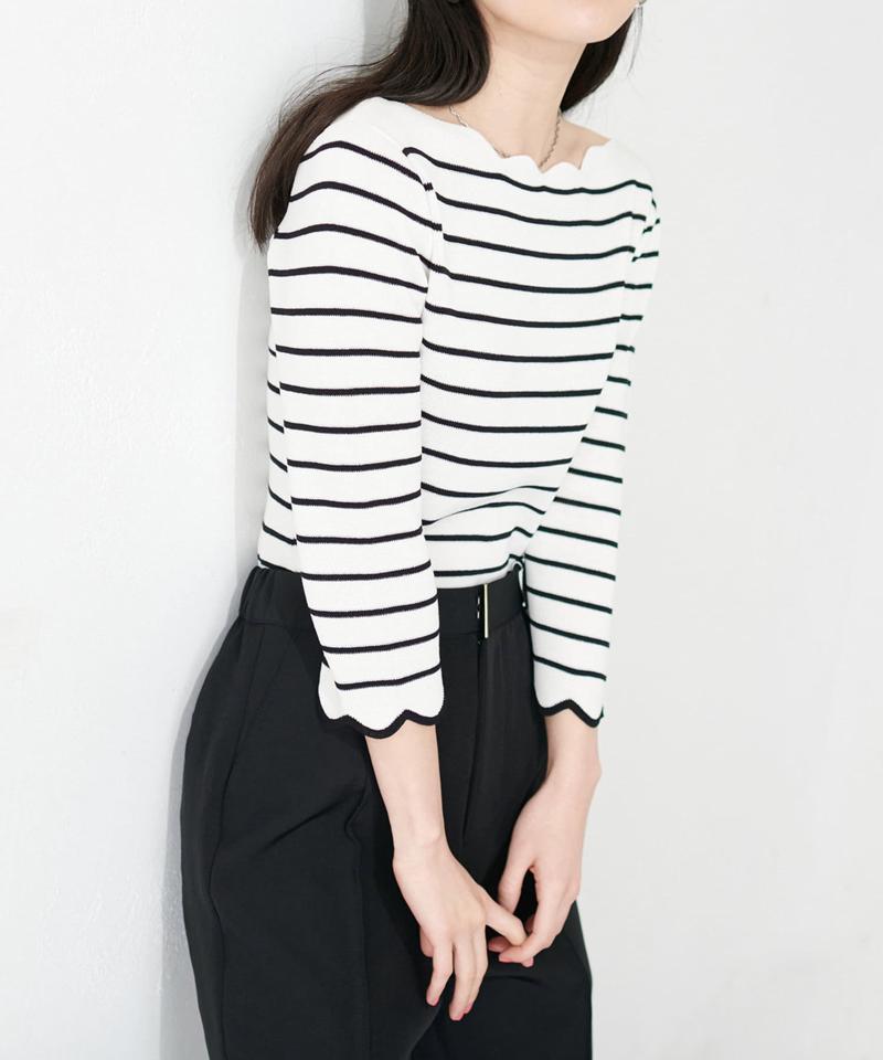 【natural couture】配色スカラップ強撚ニット（7部袖）