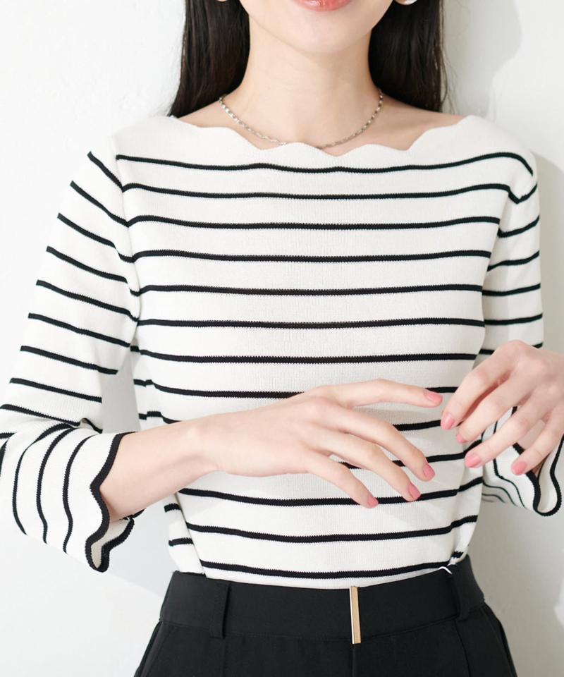 【natural couture】配色スカラップ強撚ニット（7部袖）