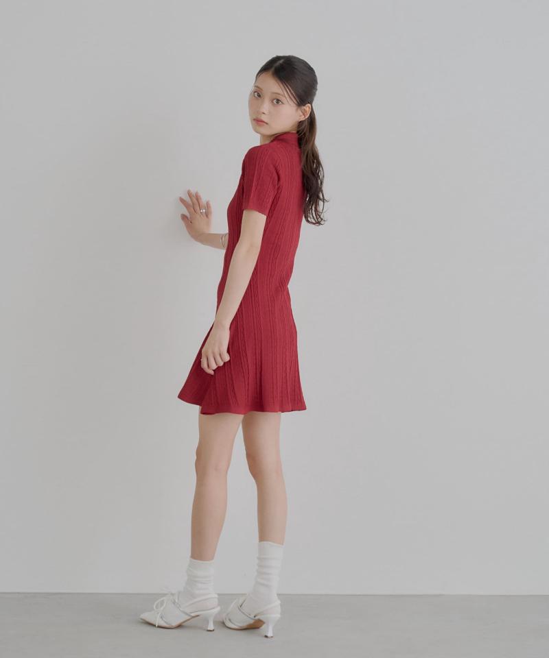 柄編みポロニットミニワンピース