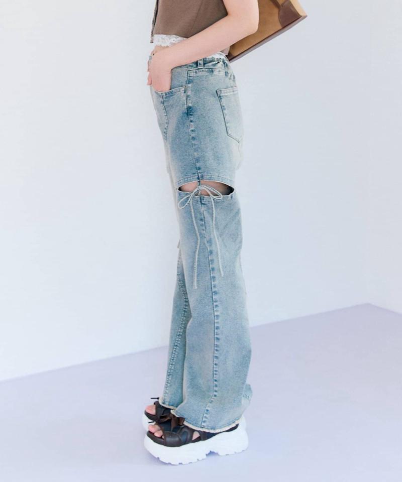 【S/M/Lサイズ展開/美脚効果】サイドスリットストレッチデニムパンツ