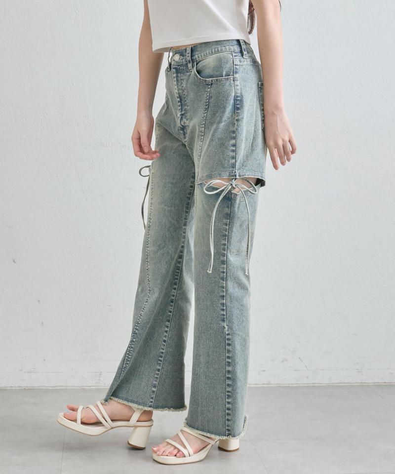【S/M/Lサイズ展開/美脚効果】サイドスリットストレッチデニムパンツ