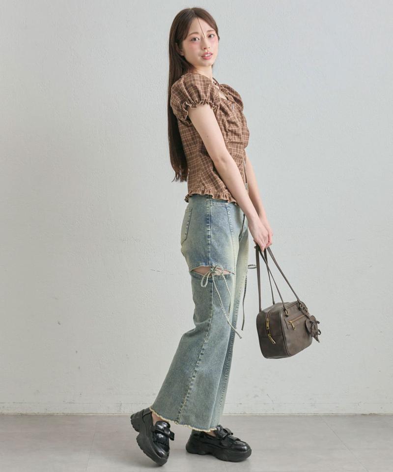 【S/M/Lサイズ展開/美脚効果】サイドスリットストレッチデニムパンツ