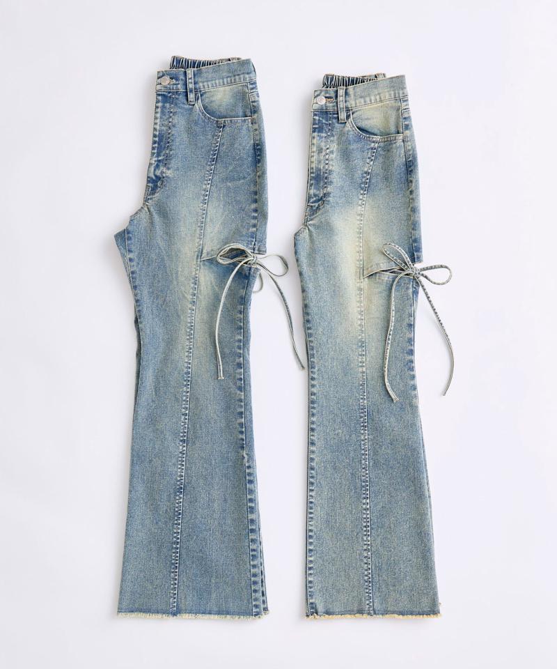 【S/M/Lサイズ展開/美脚効果】サイドスリットストレッチデニムパンツ