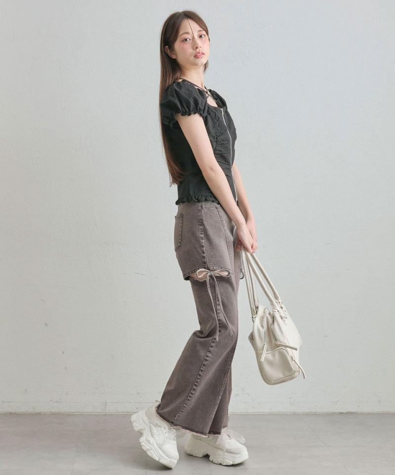 【S/M/Lサイズ展開/美脚効果】サイドスリットストレッチデニムパンツ