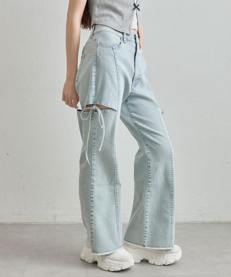 【S/M/Lサイズ展開/美脚効果】サイドスリットストレッチデニムパンツ