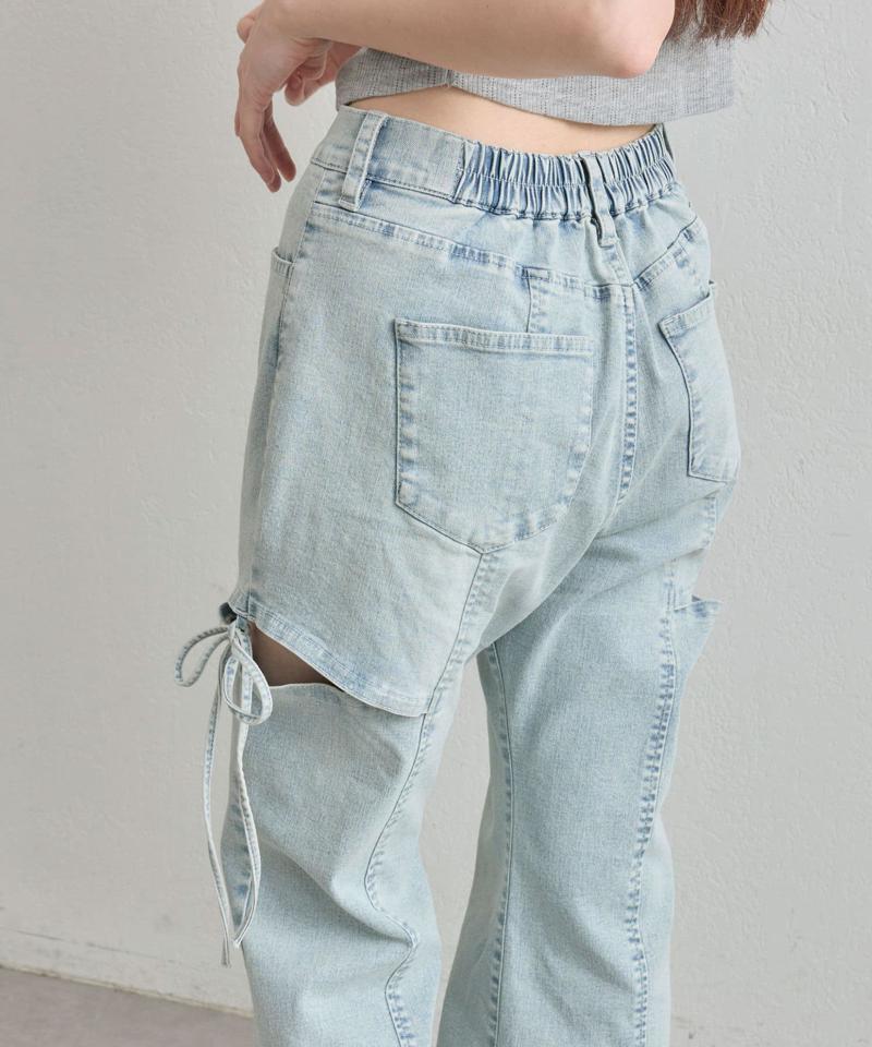 【S/M/Lサイズ展開/美脚効果】サイドスリットストレッチデニムパンツ