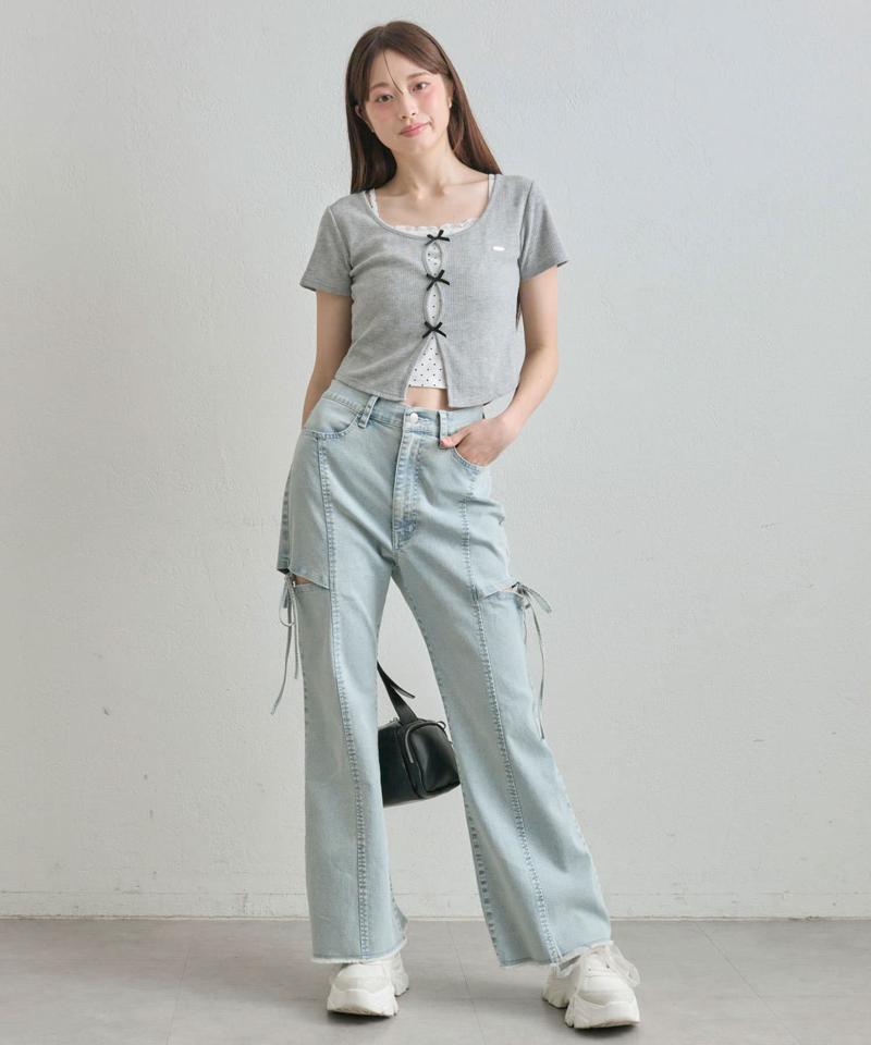 【S/M/Lサイズ展開/美脚効果】サイドスリットストレッチデニムパンツ