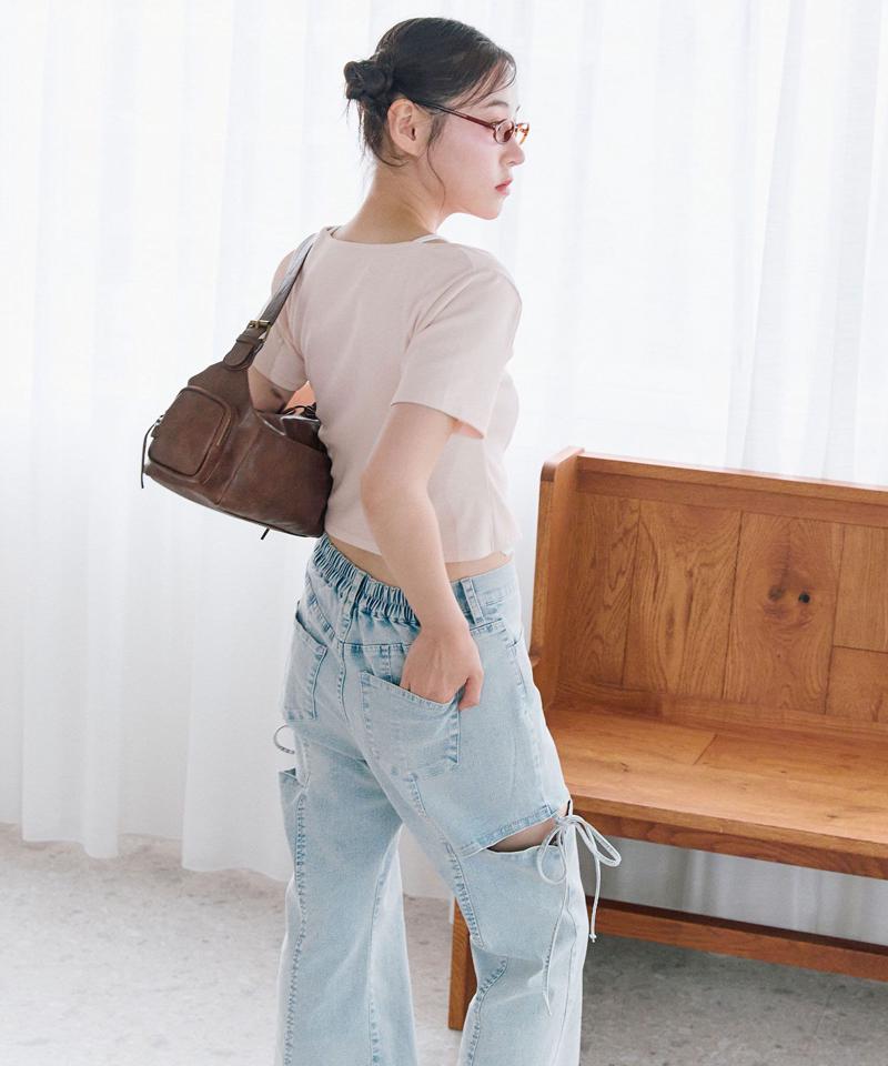 【S/M/Lサイズ展開/美脚効果】サイドスリットストレッチデニムパンツ