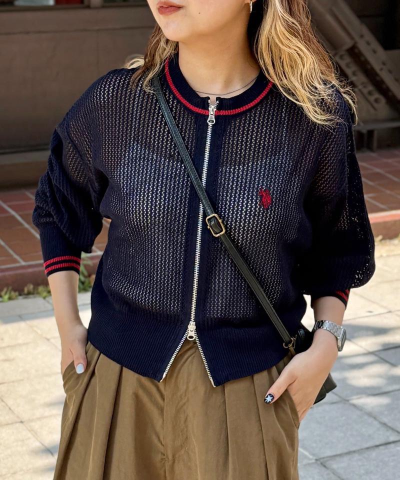 【U.S. POLO ASSN.】クルーネックメッシュカーディガン